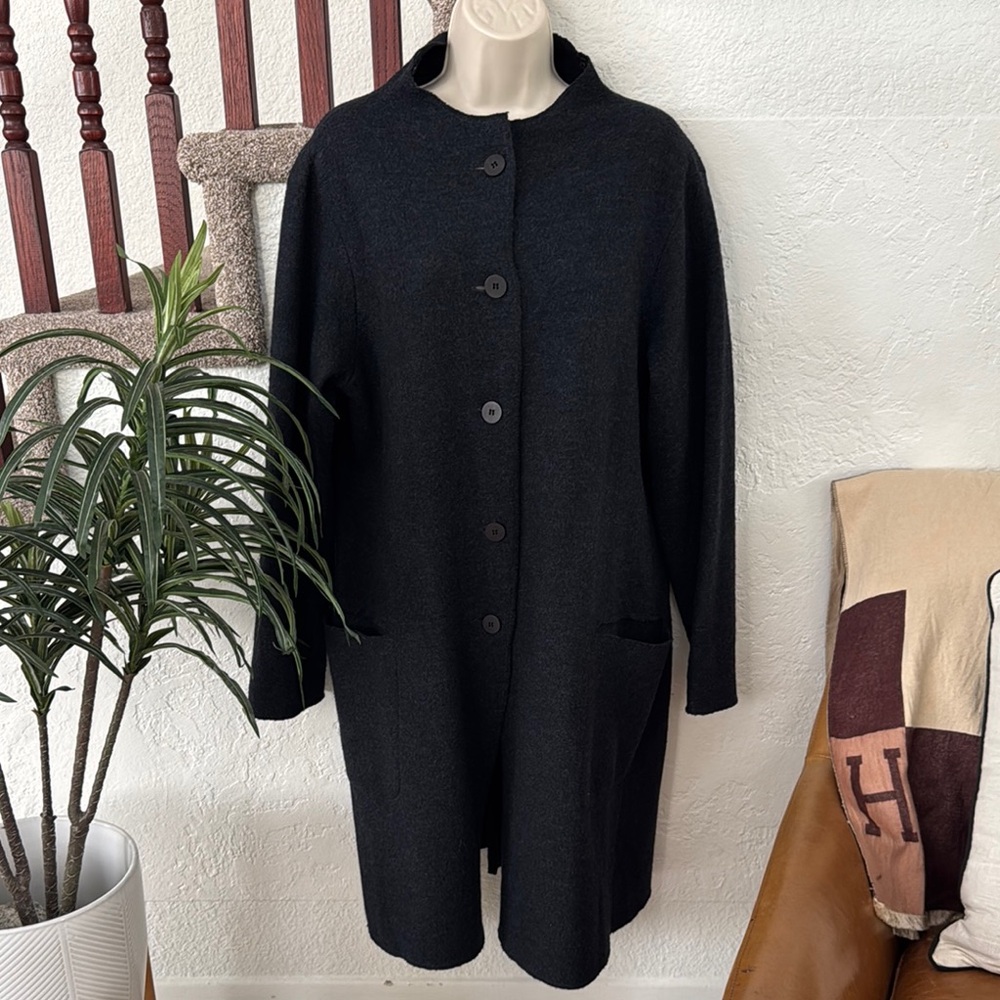 EILEEN FISHER Women’s 100% Merino Wool Dark Gray Midi Button Down Coat M EUC